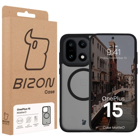 Etui z pierścieniem magnetycznym Bizon Case MatteO do OnePlus 15, przydymione-czarne