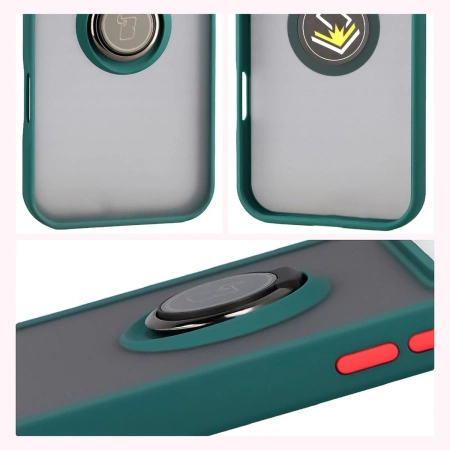 Etui z uchwytem na palec Bizon Case Hybrid Ring do iPhone 17 Pro Max, przydymione z ciemnozieloną ramką