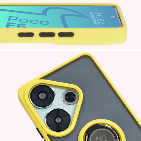 Etui z uchwytem na palec Bizon Case Hybrid Ring do Xiaomi Poco F6, przydymione z żółtą ramką
