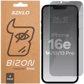 Prywatyzujące szkło hartowane Bizon Glass Clear Shadow Duo do iPhone 16e / 14 / 13 Pro / 13, przyciemniane, 2 sztuki