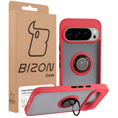 Etui z uchwytem na palec Bizon Case Hybrid Ring do Google Pixel 10 / 10 Pro, przydymione z czerwoną ramką