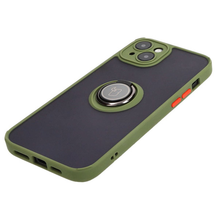 Etui z uchwytem na palec Bizon Case Hybrid Ring do iPhone 15 Plus, przydymione z zieloną ramką