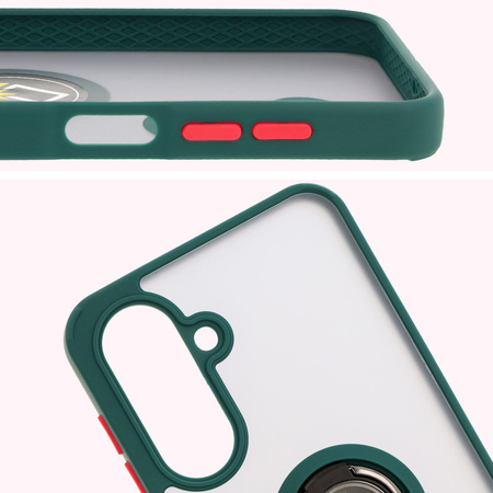 Etui z uchwytem na palec Bizon Case Hybrid Ring do Galaxy A26 5G, przydymione z ciemnozieloną ramką
