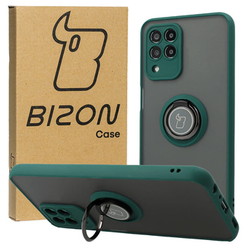 Etui z uchwytem na palec Bizon Case Hybrid Ring do Galaxy M33 5G, przydymione z ciemnozieloną ramką
