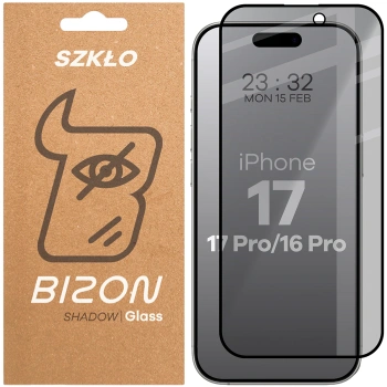 Prywatyzujące szkło hartowane Bizon Glass Edge Shadow do iPhone 16 Pro/ 17 / 17 Pro, przyciemniane z czarną ramką