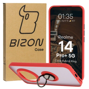 Etui z uchwytem na palec Bizon Case Hybrid Ring do Realme 14 Pro Plus 5G, przydymione z czerwoną ramką