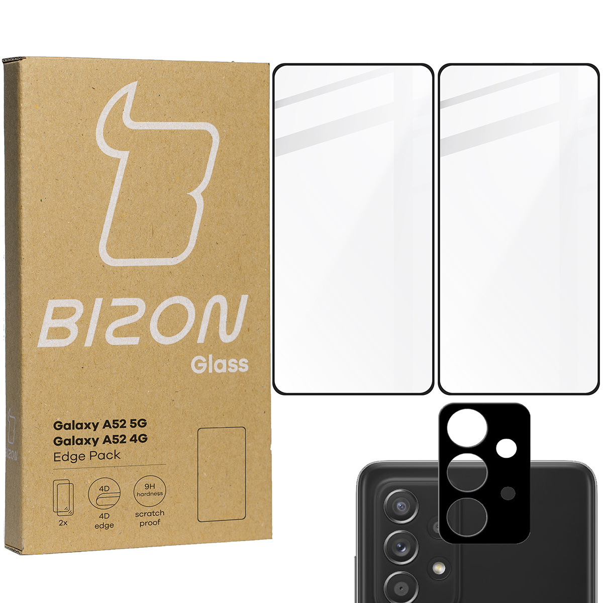 Szkło hartowane Bizon Glass Edge - 2 sztuki + ochrona na obiektyw, Galaxy A52s 5G, A52 4G/5G, czarne