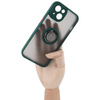 Etui z uchwytem na palec Bizon Case Hybrid Ring do iPhone 14, przydymione z ciemnozieloną ramką