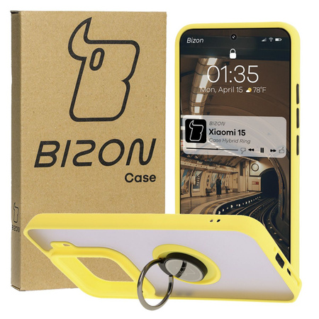 Etui z uchwytem na palec Bizon Case Hybrid Ring do Xiaomi 15, przydymione z żółtą ramką