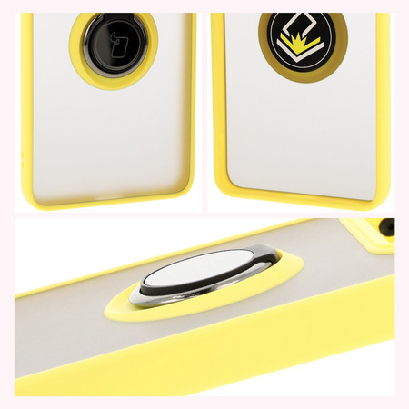 Etui z uchwytem na palec Bizon Case Hybrid Ring do Xiaomi 14T Pro, przydymione z żółtą ramką