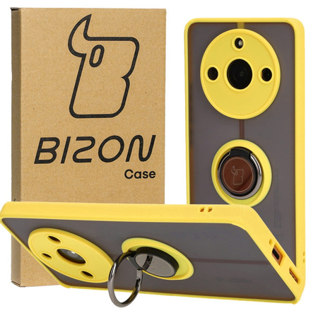 Etui z uchwytem na palec Bizon Case Hybrid Ring do Realme 11 Pro / 11 Pro+, przydymione z żółtą ramką