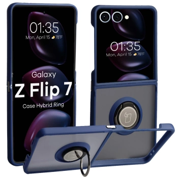 Etui z uchwytem na palec Bizon Case Hybrid Ring do Galaxy Z Flip7, przydymione z ciemnoniebieską ramką
