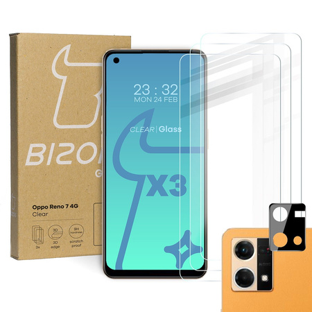 Szkło hartowane Bizon Glass Clear - 3 szt. + obiektyw, Oppo Reno 7 4G