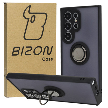 Etui z uchwytem na palec Bizon Case Hybrid Ring do Galaxy S24 Ultra, przydymione z czarną ramką