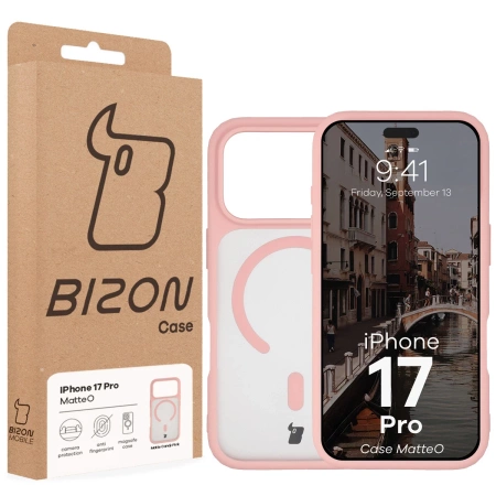 Etui z pierścieniem magnetycznym Bizon Case MatteO do iPhone 17 Pro, przydymione-jasnoróżowe