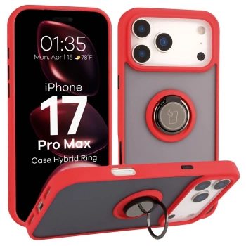 Etui z uchwytem na palec Bizon Case Hybrid Ring do iPhone 17 Pro Max, przydymione z czerwoną ramką