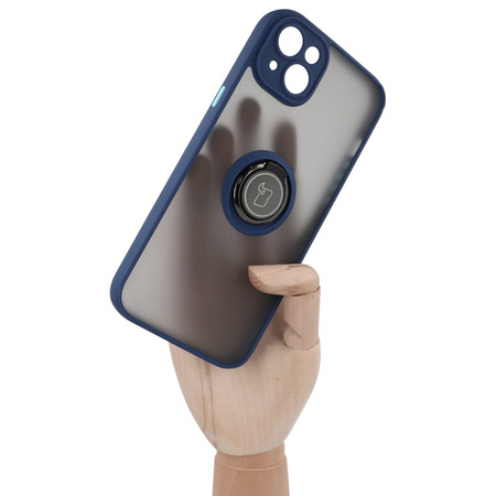 Etui z uchwytem na palec Bizon Case Hybrid Ring do iPhone 14 Plus, przydymione z granatową ramką