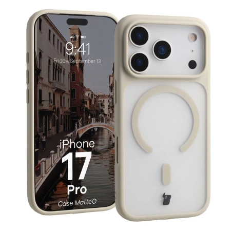 Etui z pierścieniem magnetycznym Bizon Case MatteO do iPhone 17 Pro, przydymione-beżowe