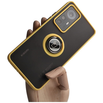 Etui z uchwytem na palec Bizon Case Hybrid Ring do Xiaomi 12T / 12T Pro, przydymione z żółtą ramką