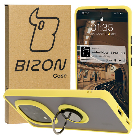 Etui z uchwytem na palec Bizon Case Hybrid Ring do Xiaomi Redmi Note 14 Pro Plus 5G, przydymione z żółtą ramką