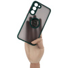 Etui z uchwytem na palec Bizon Case Hybrid Ring do Galaxy S23 Plus, przydymione z ciemnozieloną ramką