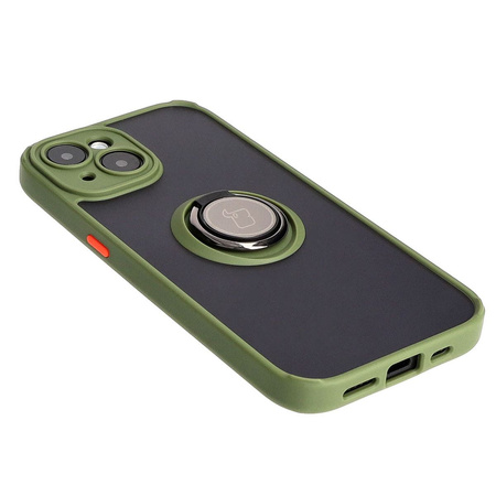Etui z uchwytem na palec Bizon Case Hybrid Ring do iPhone 15, przydymione z zieloną ramką