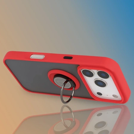 Etui z uchwytem na palec Bizon Case Hybrid Ring do iPhone 17 Pro, przydymione z czerwoną ramką