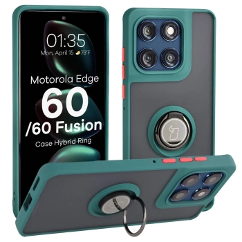 Etui z uchwytem na palec Bizon Case Hybrid Ring do Motorola Edge 60 Fusion / 60, przydymione z ciemnozieloną ramką