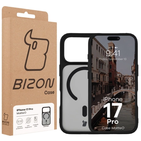 Etui z pierścieniem magnetycznym Bizon Case MatteO do iPhone 17 Pro, przydymione-czarne