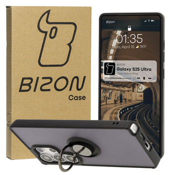 Etui z uchwytem na palec Bizon Case Hybrid Ring do Galaxy S25 Ultra, przydymione z czarną ramką