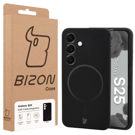Silikonowe etui z pierścieniem magnetycznym Bizon Soft Case Magnetic do Galaxy S25, czarne