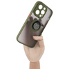 Etui z uchwytem na palec Bizon Case Hybrid Ring do iPhone 14 Pro, przydymione z zieloną ramką