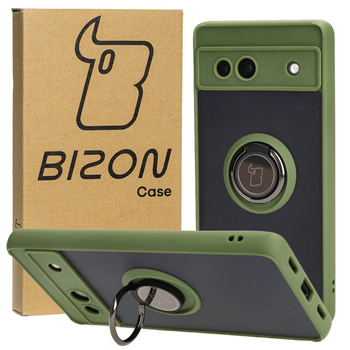 Etui z uchwytem na palec Bizon Case Hybrid Ring do Google Pixel 7A, przydymione z zieloną ramką