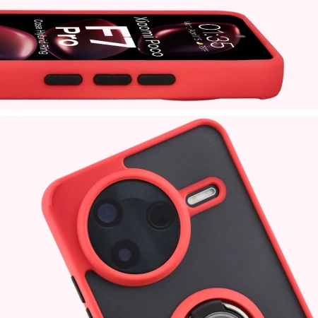 Etui z uchwytem na palec Bizon Case Hybrid Ring do Xiaomi POCO F7 Pro, przydymione z czerwoną ramką