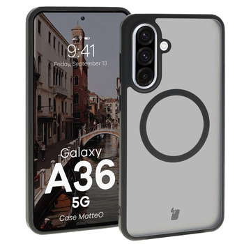 Etui z pierścieniem magnetycznym Bizon Case MatteO do Galaxy A36 5G, półprzezroczyste z czarną ramką