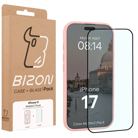 Etui z pierścieniem magnetycznym + szkło hartowane Bizon MatteO Pack do iPhone 17, przydymione-jasnoróżowe