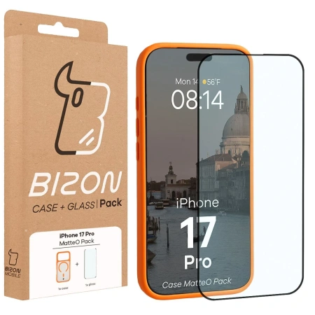 Etui z pierścieniem magnetycznym + szkło hartowane Bizon MatteO Pack do iPhone 17 Pro, przydymione-pomarańczowe