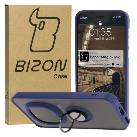 Etui z uchwytem na palec Bizon Case Hybrid Ring do Honor Magic7 Pro, przydymione z granatową ramką