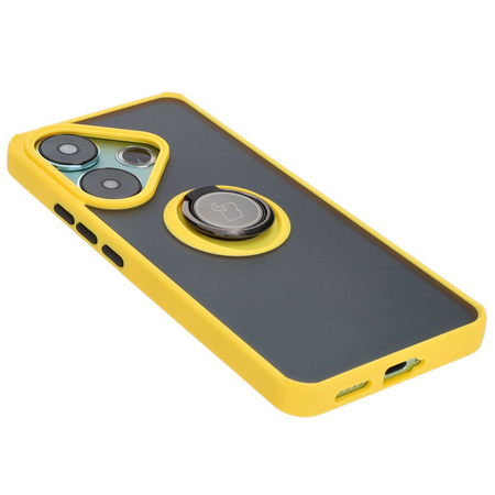 Etui z uchwytem na palec Bizon Case Hybrid Ring do Xiaomi Poco F6, przydymione z żółtą ramką