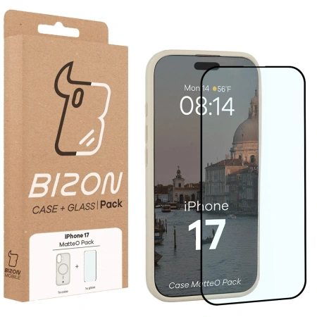 Etui z pierścieniem magnetycznym + szkło hartowane Bizon MatteO Pack do iPhone 17, przydymione-beżowe