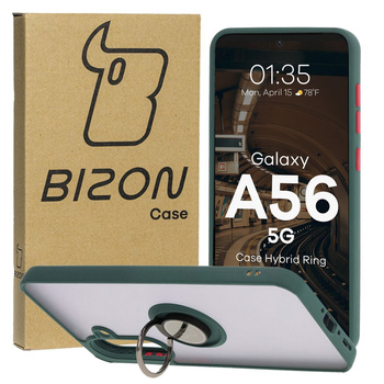 Etui z uchwytem na palec Bizon Case Hybrid Ring do Galaxy A56 5G, przydymione z ciemnozieloną ramką