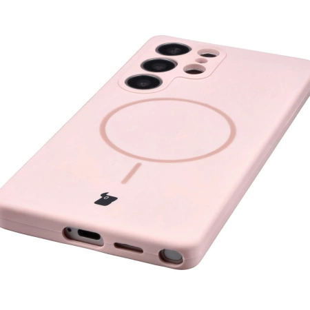 Silikonowe etui z pierścieniem magnetycznym Bizon Soft Case Magnetic do Galaxy S25 Ultra, jasnoróżowe