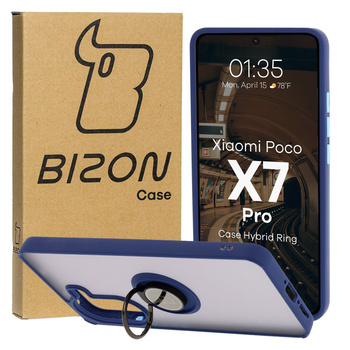 Etui z uchwytem na palec Bizon Case Hybrid Ring do Xiaomi Poco X7 Pro, przydymione z granatową ramką