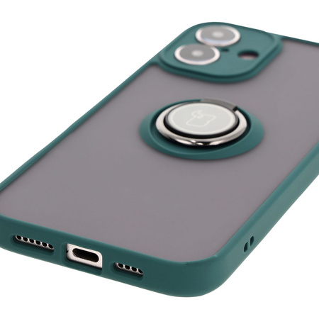 Etui z uchwytem na palec Bizon Case Hybrid Ring do iPhone 16 Plus, przydymione z ciemnozieloną ramką