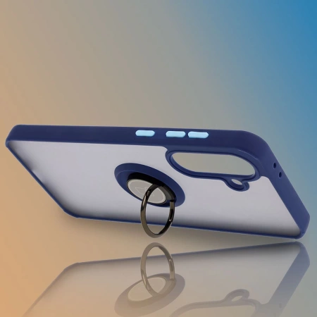 Etui z uchwytem na palec Bizon Case Hybrid Ring do Galaxy A36 5G, przydymione z granatową ramką