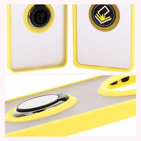 Etui z uchwytem na palec Bizon Case Hybrid Ring do Honor Magic7 Lite, przydymione z żółtą ramką