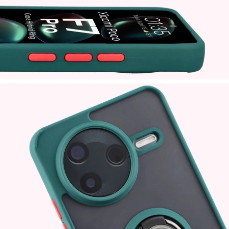 Etui z uchwytem na palec Bizon Case Hybrid Ring do Xiaomi POCO F7 Pro, przydymione z ciemnozieloną ramką