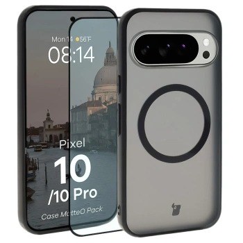 Etui z pierścieniem magnetycznym + szkło hartowane Bizon MatteO Pack do Google Pixel 10 / 10 Pro, przydymione-czarne