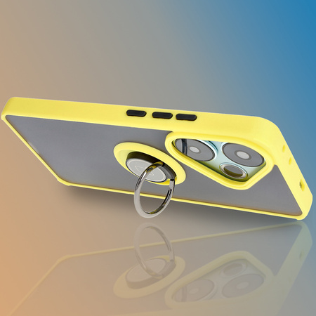 Etui z uchwytem na palec Bizon Case Hybrid Ring do Xiaomi Poco F6, przydymione z żółtą ramką