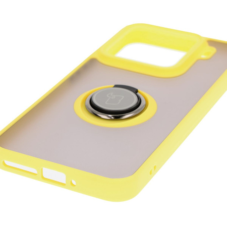 Etui z uchwytem na palec Bizon Case Hybrid Ring do Xiaomi 15, przydymione z żółtą ramką